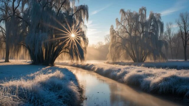 Pollarded willows on a cold winter morning beneath a bright blue sky.