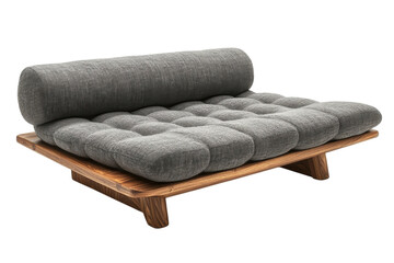 Fototapeta premium Modern gray tufted lounge sofa with wooden base and backrest isolated on Transparent Background