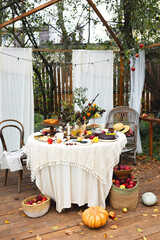 Table set with food. Breakfast on the terrace. Celebration with family. Breakfast with friends and family.
