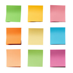 Practical set of sticky notes in assorted colors arranged neatly on a desk for easy access and organization isolated on transparent background..