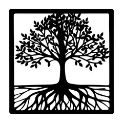 Black and White Silhouette of a Tree with Extensive Roots in a Square Frame Artistic Nature Illustration
