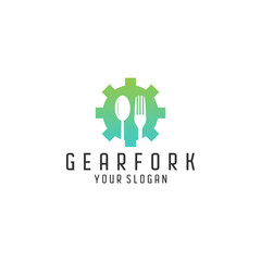 Gear Fork Logo Design: Green and Blue Gradient Utensils Icon on White