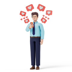 Man on phone surrounded by heart symbols, symbolizing social media likes and approval. 3D rendering, conceptual image. Isolated on white background.
