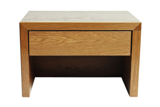 A simple yet elegant bedside table, crafted from rich oak wood, offering a single drawer for convenient storage and a warm, natural aesthetic.