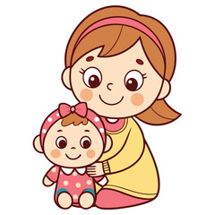 Cartoon Girl Hugging Baby Doll with Polka Dots on White Background