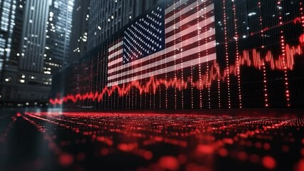 Stock market trends in a city setting. A digital representation of stock market trends featuring a US flag in an urban environment during nighttime. - Powered by Adobe