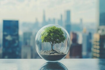 A Tree Grows Inside a Glass Globe Against a Cityscape Background, Highlighting the Contrast Between Nature and Urbanization