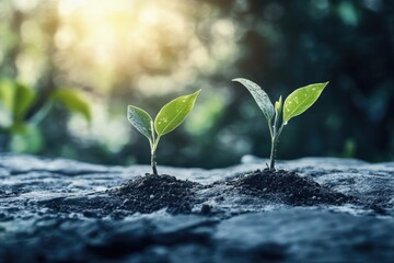 Two Young Seedlings Sprout from the Ground, Embodying Resilience and the Potential for Growth in Nature