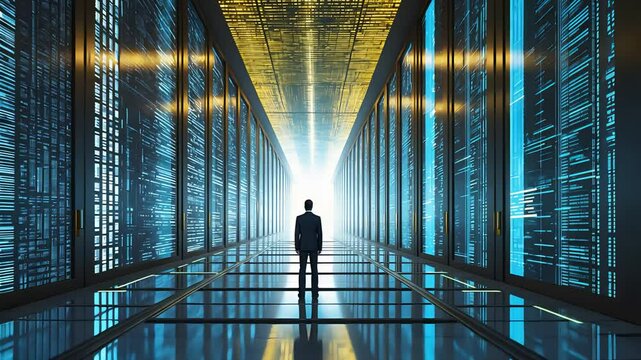 Businessman Standing in Futuristic Data Center Hallway Surrounded by Server Racks with Bright Light in Distance

