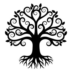 Ornate Black Tree of Life with Swirling Branches and Deep Roots Illustration
