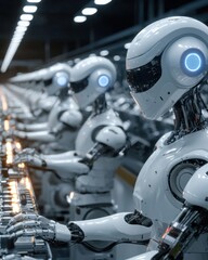 Fototapeta premium A row of advanced futuristic looking robots working together on an automated assembly line in a modern high tech manufacturing facility