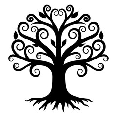 Ornate Black Tree of Life with Swirling Branches and Deep Roots