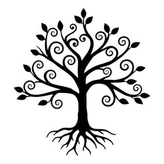 Obraz premium Ornate Black Tree of Life with Swirling Branches and Deep Roots Illustration