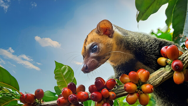 Civet Cat Close-Up Among Ripe Coffee Cherries Under a Clear Blue Sky for Luwak Coffee Production