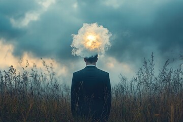 A Man in a Suit Stands in a Field with His Head Surrounded by a Bright Cloud, Symbolizing Inner Thoughts and Reflectio