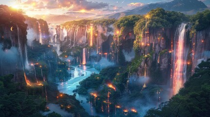 Majestic waterfalls cascading through a lush valley at sunset, with glowing lights illuminating the scene