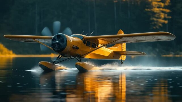 Vintage Seaplane Adventure: A classic yellow seaplane gracefully navigating tranquil waters. Its propeller spins, ready for flight.