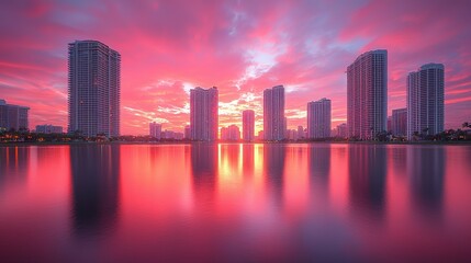 Obraz premium Vibrant Pink Sunset over City Skyline Reflection