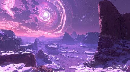 Surreal cosmic landscape with swirling galaxy over icy terrain and distant rocky formations at dusk