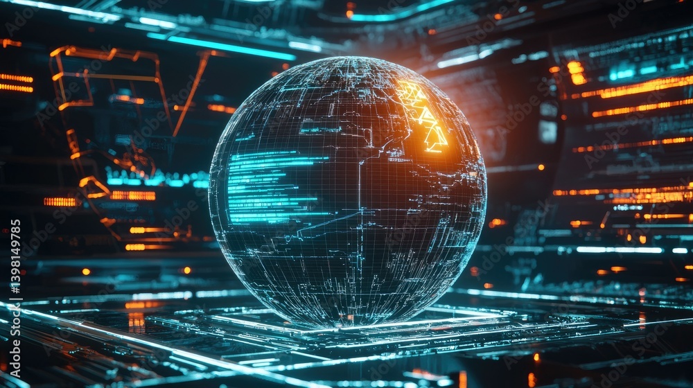 Poster a tech-driven 3d world sphere with wireframe elements and cyber-inspired lighting.