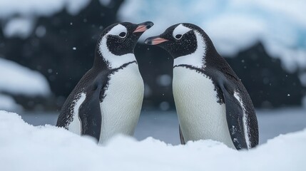 A Heartwarming Encounter: Two Chinstrap Penguins Sharing a Moment in the Antarctic Snow
