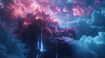 A vibrant celestial city perched on a towering mountain, surrounded by colorful clouds and starlit sky