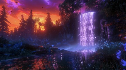 Serene waterfall cascading into a tranquil pool surrounded by vibrant flora at sunset