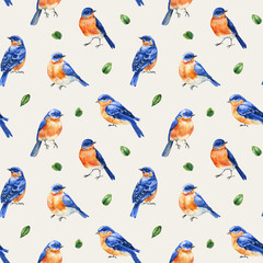 watercolor seamless pattern with bluebirds green leaves, spring forest birds illustration, orange blue birds wallpaper