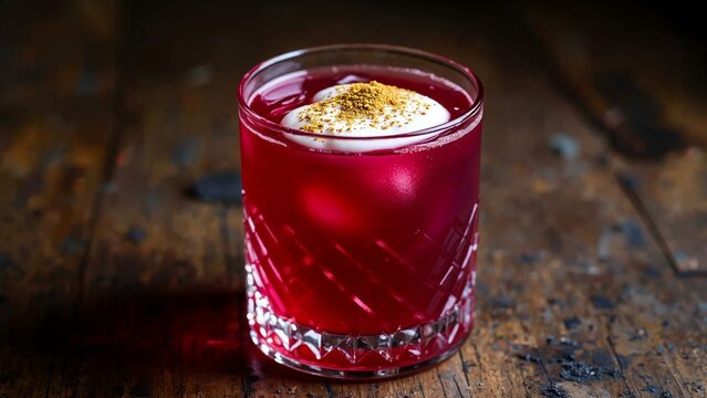 Earthy cocktail with roasted beetroot syrup, mezcal, and egg white froth dusted with cumin powder