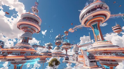 Futuristic cityscape with floating structures and vibrant clouds, showcasing advanced architecture and technology