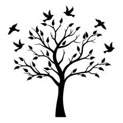 Silhouette of a Tree with Birds Flying Around It  A Black and White Illustration of Nature