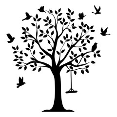 Obraz premium Silhouette of a leafy tree with birds and a swing set