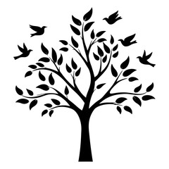Silhouette of a Tree with Birds in Flight Peaceful Nature Scene
