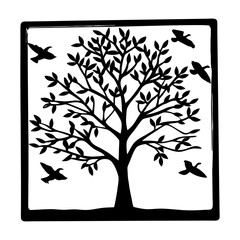 Black and White Metal Wall Art Tree of Life with Birds in Flight Square Frame Silhouette Design