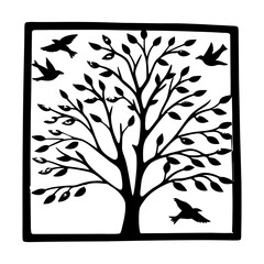 Obraz premium Black and White Framed Tree of Life with Birds Wall Decor Art Print