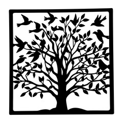 Obraz premium Black and White Silhouette of a Tree with Birds Metal Wall Decor Art