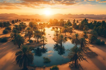 Beautiful desert oasis with palm trees and a water pond at sunset.