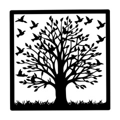 Silhouette of a Tree with Birds in a Square Frame Artistic Nature Illustration