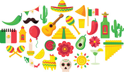 Obraz premium Food, musical instruments, clothing, toys, alcoholic beverages. Element of Hispanic holiday Cinco De Mayo. Mexican holiday icon set. Simple cartoon vector elements kit isolated on white background