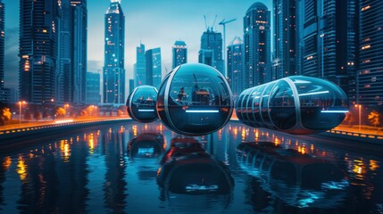 Futuristic transportation pods gliding over a serene urban river at dusk, skyscrapers reflecting in water