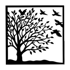 Obraz premium Black and White Silhouette of a Tree with Birds in Flight Framed Image