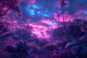 Enchanted tropical landscape at twilight with vibrant colors, lush vegetation, and a mystical sky