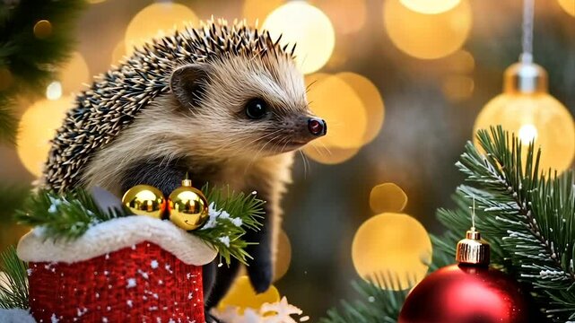 Adorable hedgehog posing near a Christmas tree