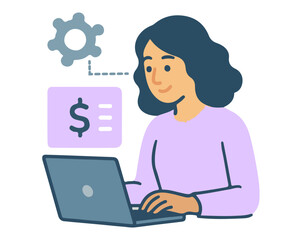 Business woman working on laptop with vector illustration