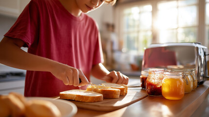 A teenage boy preparing toast in a cozy kitchen at morning