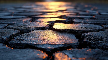 Cobblestone Path at Sunset: Golden Hour Illumination on Wet Stones
