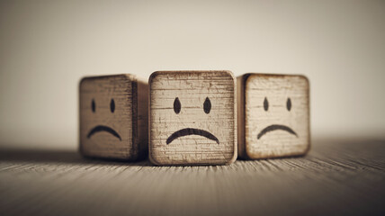 Three wooden cubes with sad faces, arranged on a wood surface, showing a concept of sadness or depression