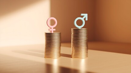 Gender Pay Gap Concept: Equal Stacks of Gold Coins with Female and Male Symbols, Symbolizing the Disparity in Earnings on a Light Wooden Surface