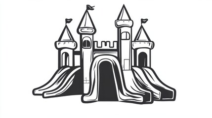 A playful line drawing of two playground slides designed like castles, emphasizing fun and adventure for children.