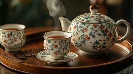 Fototapeta premium Steaming tea in ornate cups and teapot on wooden tray.